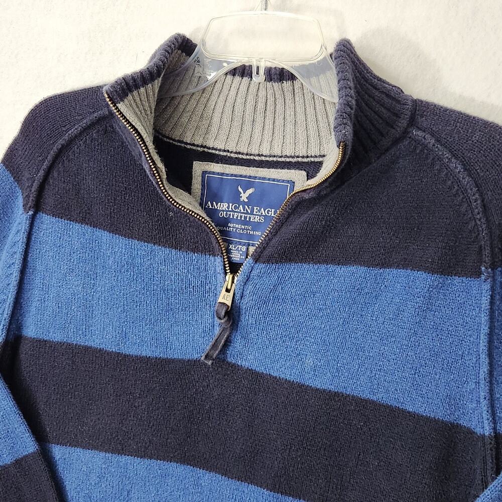 VTG Y2k AMERICAN EAGLE MEN 1/4 ZIP SWEATER XL THICK BLUE STRIPE 90s 2000s PREPPY